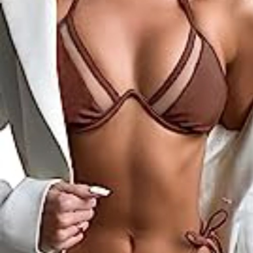 Shein Women's Push Up Halter Bikini Top Swimsuit Solid Mesh Bathing Suit Tops